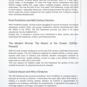 May include: A printed page with text detailing the history of the Old Fashioned cocktail. The text covers the Prohibition era, post-Prohibition decline, modern revival, and cultural impact of the drink. The page is white with black text.