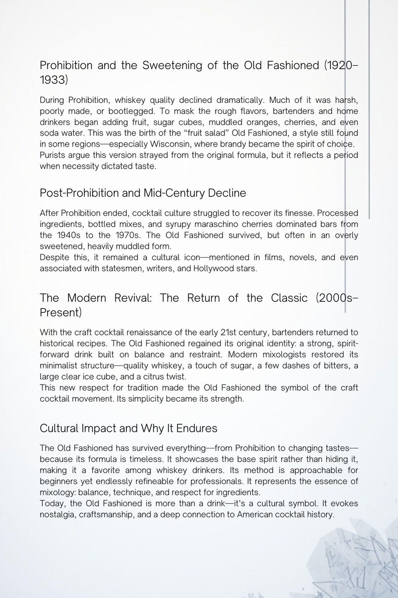 May include: A printed page with text detailing the history of the Old Fashioned cocktail. The text covers the Prohibition era, post-Prohibition decline, modern revival, and cultural impact of the drink. The page is white with black text.