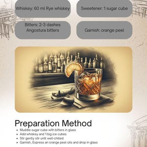 May include: An illustration of an Old Fashioned cocktail recipe. The image includes the ingredients: 60 ml rye whiskey, 1 sugar cube, 2-3 dashes of Angostura bitters, and an orange peel garnish. The preparation method and glassware are also listed.