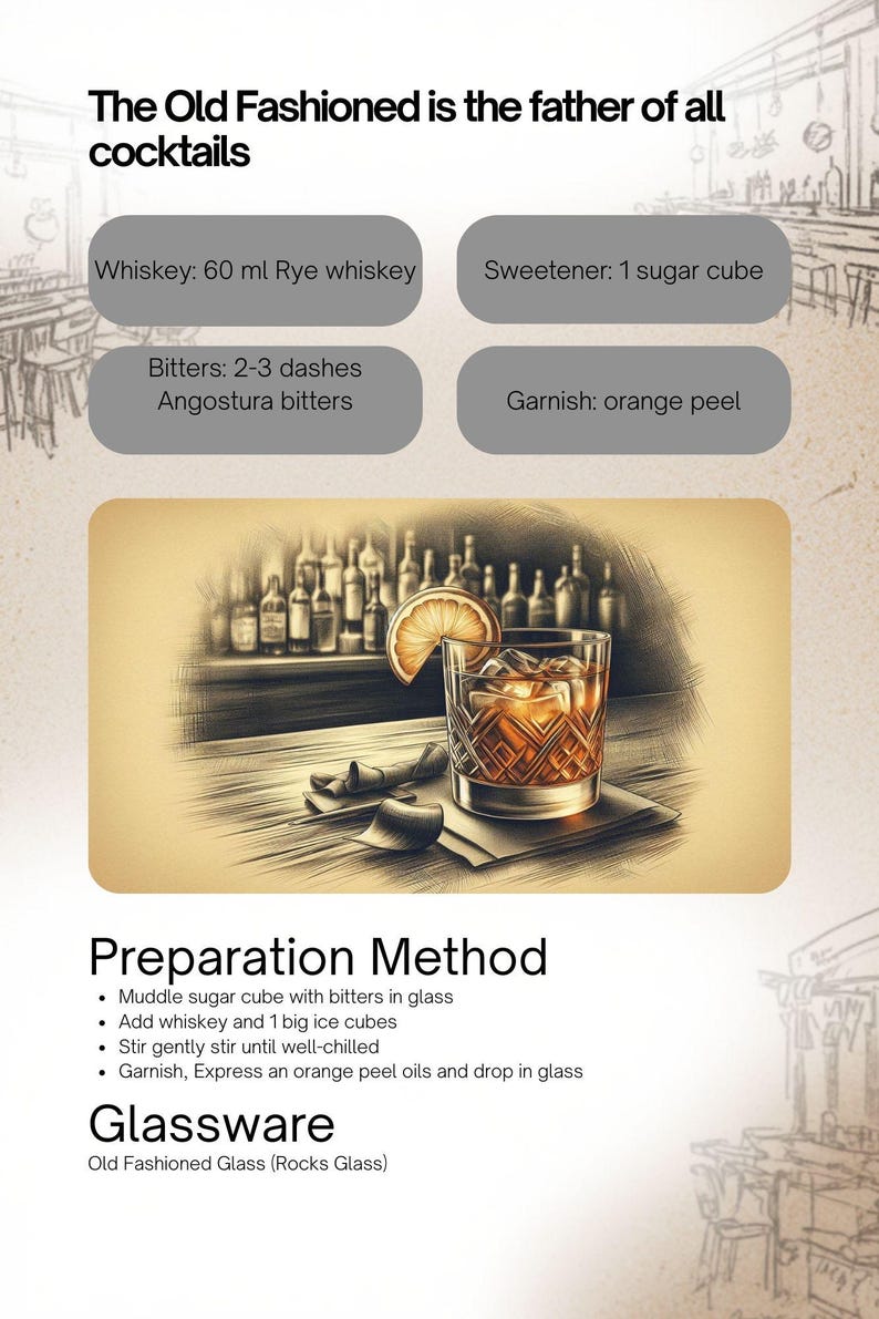 May include: An illustration of an Old Fashioned cocktail recipe. The image includes the ingredients: 60 ml rye whiskey, 1 sugar cube, 2-3 dashes of Angostura bitters, and an orange peel garnish. The preparation method and glassware are also listed.
