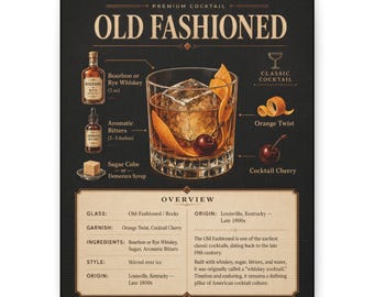 May include: A dark print illustrating an "Old Fashioned" cocktail recipe. The image shows the drink's ingredients: bourbon, bitters, and a sugar cube. It's garnished with an orange twist and a cherry. The recipe details are also included.