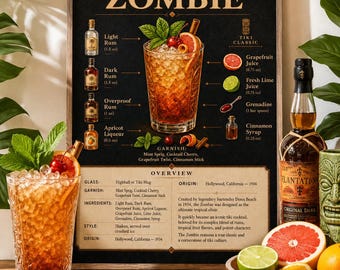 May include: A poster detailing a Zombie cocktail recipe, featuring light and dark rums, apricot liqueur, and fruit juices. The image includes a finished cocktail with garnishes, a rum bottle, and a bowl of fresh fruit. The poster is framed.
