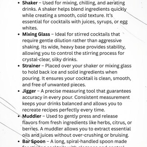 May include: Text graphic titled "Essential Bar Tools" listing tools for crafting cocktails. Includes a shaker, mixing glass, strainer, jigger, muddler, and bar spoon, with descriptions of their uses.