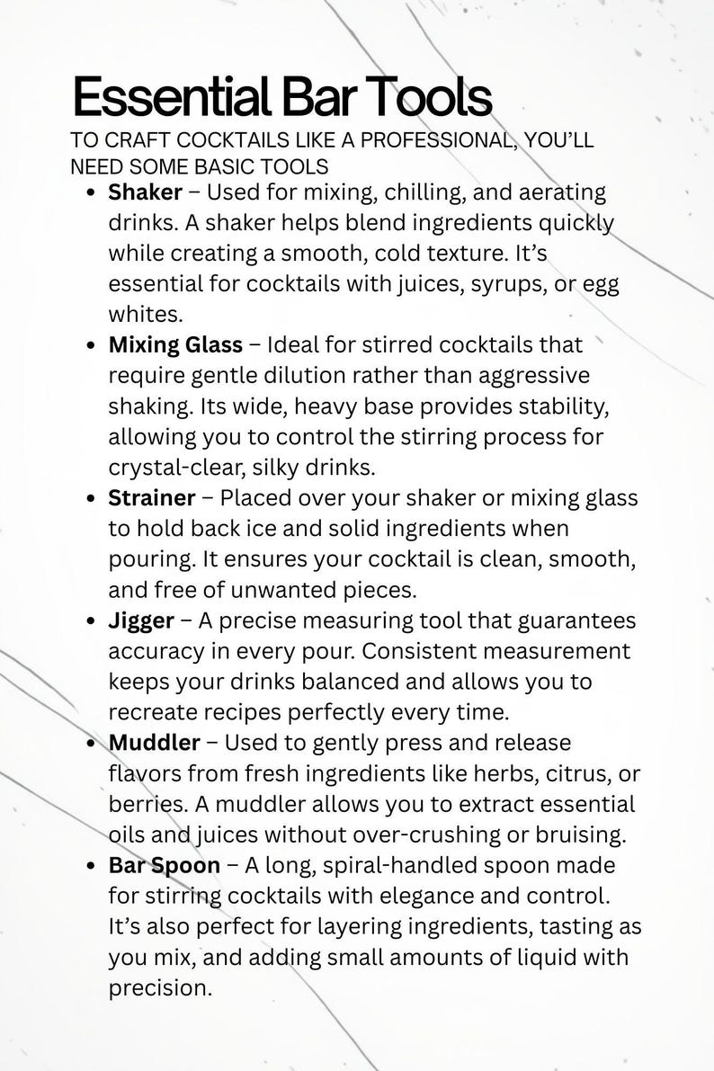 May include: Text graphic titled "Essential Bar Tools" listing tools for crafting cocktails. Includes a shaker, mixing glass, strainer, jigger, muddler, and bar spoon, with descriptions of their uses.