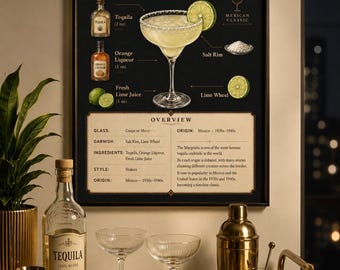 May include: A Margarita cocktail recipe poster with a detailed illustration. The image includes a bottle of tequila, cocktail glasses, a shaker, and fresh limes. The poster text includes the ingredients and origin of the classic cocktail.