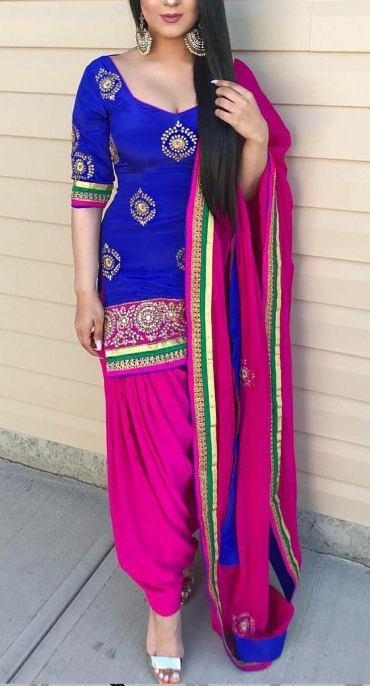 Blue & Pink Embroidered Salwar Kameez Indian Pakistani Suit Floral Thread Work Festive Ethnic Wear