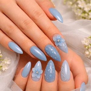 Blue Floral Dew Drop Press On Nails Elegant Minimal Nails Glossy Almond Nails Soft Aesthetic Stick On Nails Reusable Set