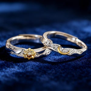 Anillos de pareja de sol y luna, conjunto de anillos de promesa de plata esterlina