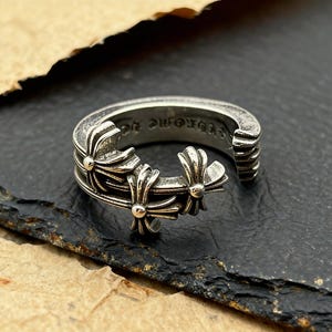 Vintage Cross Motif Open Ring: Gothic Punk Statement Band, Silver Tone, Adjustable Fit