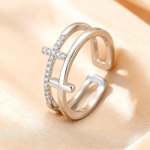 Double Layer Cross Ring with Diamond Accents – Adjustable Silver Band Jewelry