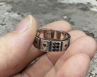 Poker Four Aces Band Ring, Antiqued Silver Multi-Stone Gothic Punk Card Ring