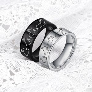 Påskhare-ringar, Graverade kaninparringar, Svart & Silver smyckeset för vårhelger
