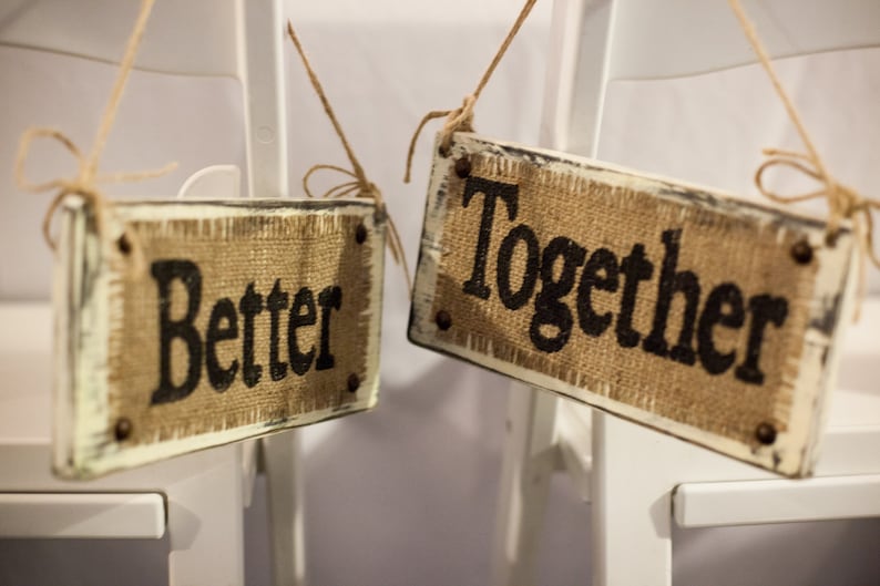 Bride and Groom hanging wedding signs, BETTER TOGETHER chair signs, Burlap wedding, reception chair signs, rustic wedding, garden wedding image 1