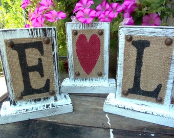 Small standing letter signs, Wedding table decoration, Home Decor Sign, rustic table letters, wooden stand up letters, burlap decorations