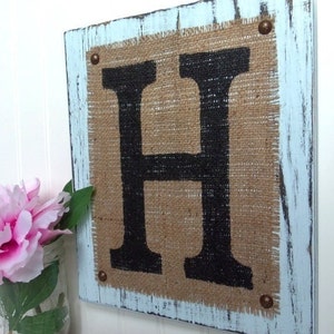 Burlap Monogram Letter Sign, Powder Blue, Your choice of letter, Letters a,b,c,d,e,f,g,h,i,j,k, or any letter of the alphabet image 1