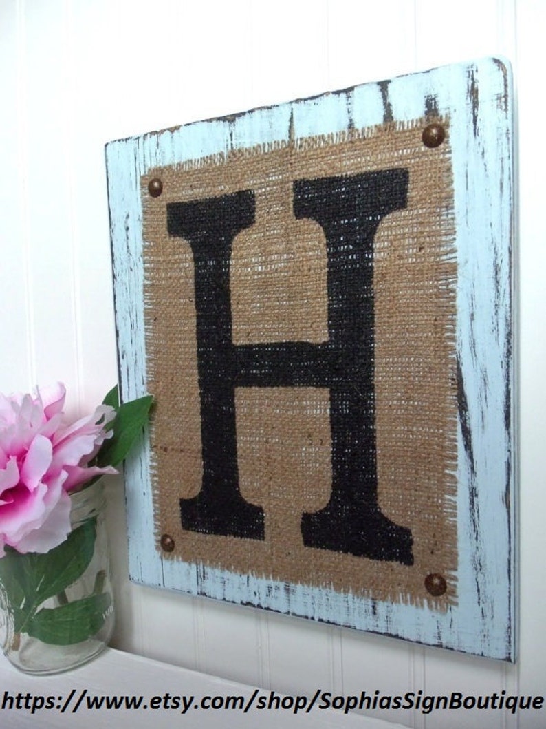 Burlap Monogram Letter Sign, Powder Blue, Your choice of letter, Letters a,b,c,d,e,f,g,h,i,j,k, or any letter of the alphabet image 1