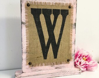 Standing Burlap Monogram, Letter sign, Distressed wood letters, nursery signs, Letter W, standing letters, Wedding Table Sign, Rustic decor