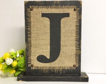 Standing wooden letter, burlap monogram, freestanding letter, nursery name decor, standing sweetheart table decor, farmhouse shelf letter