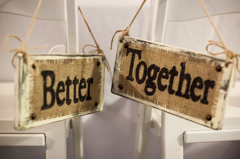Bride and Groom hanging wedding signs, BETTER TOGETHER chair signs, Burlap wedding, reception chair signs, rustic wedding, garden wedding image 5