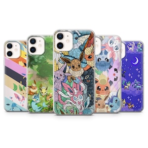May include: A collection of five phone cases featuring colorful designs of various Pokémon characters. The cases showcase different art styles, including stained glass and graphic illustrations, with a variety of colors and patterns.