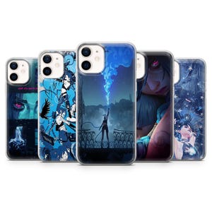 May include: Five clear phone cases with different designs. The cases display colourful artwork with fantasy and anime themes. The designs include characters, scenes with blue and purple tones, and text. The cases are designed to fit a smartphone.