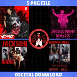 Könnte beinhalten: Ein digitaler Download-Grafik mit mehreren Bildern von Jackson Wang. Die Bilder umfassen Porträts, Tourdaten und den Text "JACKSON WANG" in verschiedenen Schriftarten und Farben, vor roten und schwarzen Hintergründen. Der Satz "DIGITAL DONWLOAD" ist ebenfalls vorhanden.