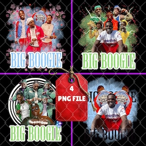 Puede incluir: Diseño digital con cuatro gráficos "BIG BOOGIE". Cada gráfico muestra grupos de personas en diferentes poses. Una etiqueta roja central indica "4 PNG FILE". El fondo es una malla negra.
