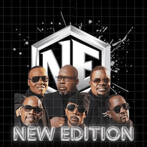 May include: Image of the music group New Edition. The group is composed of six men wearing sunglasses and dark clothing. The group's name is displayed in a glowing, silver font at the bottom of the image. The background is black with a white grid and splatter design.