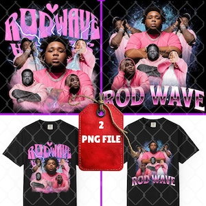 May include: A digital design featuring the text "ROD WAVE" in pink, with a heart symbol and lightning bolts. The design includes images of a person and other figures, and is available as a PNG file.