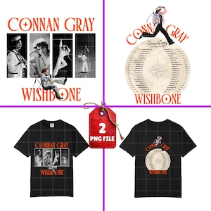 May include: A collection of digital art featuring the text "CONNAN GRAY" and "WISHBONE". The art includes a collage of black and white images, a tour map, and two black t-shirts with graphics. A red tag reads "2 PNG FILE".