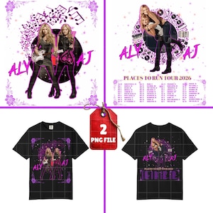 May include: A collection of digital designs featuring the musical duo Aly & AJ. The designs include a tour poster, musical notes, and images of the duo with guitars. Also included are two black t-shirts with the same design.