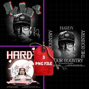 Op de afbeelding: Een digitale downloadafbeelding met de naam "HARDY" in een gestileerd lettertype, samen met een portret van een man met een hoed en bril. De afbeelding bevat de tekst "THE COUNTRY!" en "YOUR COUNTRY" en een rood label met "3 PNG FILE".