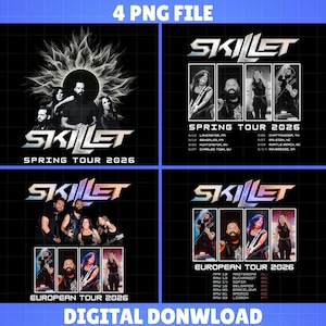 Peut inclure: Téléchargement numérique présentant quatre images promotionnelles pour les tournées de printemps et européennes du groupe Skillet en 2026. Chaque image comprend le logo du groupe, les dates de la tournée et des photos des membres du groupe.