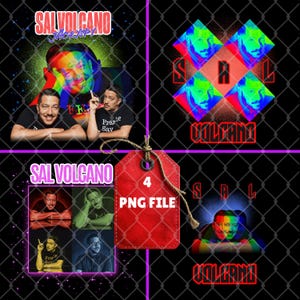 以下が含まれることがあります： さまざまなポーズとスタイルでサル・ボルケーノをフィーチャーしたデジタルアート。画像には、複数の場所に「SAL VOLCANO」というテキストと、「4 PNG FILE」と書かれた赤いタグが含まれています。背景は黒い金網フェンスです。