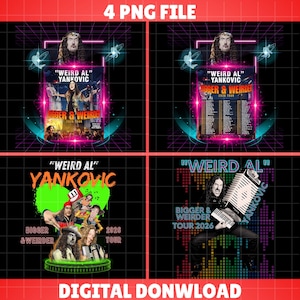 Peut inclure: Quatre fichiers PNG numériques présentant des graphiques de la tournée "Weird Al" Yankovic. Les designs incluent des affiches de tournée avec le texte "Bigger & Weirder Tour 2026" et des images de Yankovic. Le fond est une grille noire avec des accents néon.