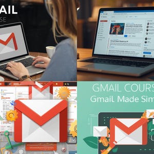 Può includere: Immagine con laptop che mostrano interfacce Gmail e il logo Gmail. Sono visibili anche i testi "GMAIL COURSE" e "Gmail Made Simple". Una tazza di caffè è vicino a un laptop.