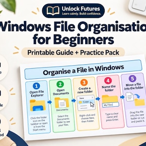 May include: A printable guide titled Windows File Organization for Beginners featuring a five-step process for organizing files in Windows. The infographic uses color-coded boxes to illustrate steps from opening File Explorer to moving files into folders.