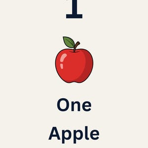 Può includere: Illustrazione grafica di una mela rossa con una foglia verde e un gambo marrone. Il numero "1" è sopra la mela, e le parole "One Apple" sono sotto. Lo sfondo è beige chiaro.