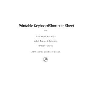 May include: A white sheet of paper with the title "Printable Keyboard Shortcuts Sheet" in black text. The sheet is by Mandeep Kaur Aujla, an Adult Trainer & Educator. The text "Unlock Futures" and "Learn calmly. Build confidence." are also present.