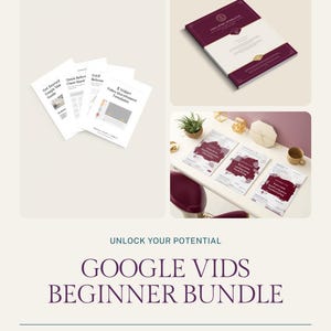 Puede incluir: Un paquete de recursos digitales Google Vids beginner bundle que incluye cuatro guías impresas con fondos blancos, un documento con cubierta granate y tres documentos con formas abstractas granates, todos etiquetados con el texto Google Vids beginner bundle.