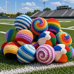 Puede incluir: Una colección de coloridas pelotas de ganchillo hechas a mano con varios patrones y diseños. Las pelotas presentan rayas, espirales y bloques de color segmentados en tonos de azul, rojo, naranja, amarillo, verde, morado y blanco. Las pelotas se exhiben en un campo verde.