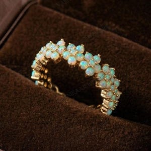 Dainty Opal Eternity Ring, Triple Row Cluster Band, 14K Gold Plated Boho Wedding Ring