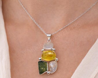 Roher Bernstein, Moldavit, Herkimer Diamant Anhänger, 925 Sterling Silber Heilschmuck