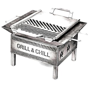 Può includere: Un barbecue da esterno color argento con la scritta "GRILL & CHILL" sul davanti. Il barbecue ha una superficie di cottura a fessure e un coperchio incernierato. I lati presentano ritagli decorativi. È sostenuto da quattro gambe.