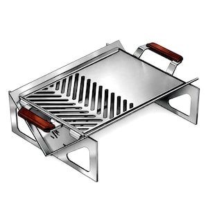 May include: A stainless steel grill with a rectangular design, featuring a slotted grilling surface and a solid tray. It has two wooden handles and is supported by angled legs. The grill is designed for outdoor cooking.