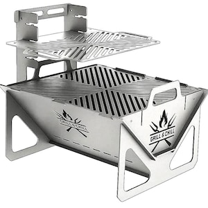 May include: A silver-coloured portable grill with two grates and a rectangular firebox. The words "GRILL & CHILL" are printed on the side, along with a flame and fork graphic. The grill is designed for outdoor cooking.