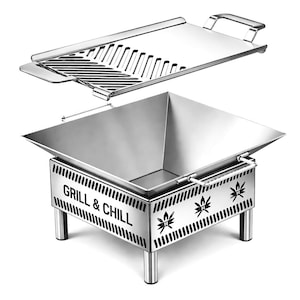 May include: A stainless steel fire pit with a grill grate. The fire pit has the words "GRILL & CHILL" on the side, along with decorative leaf designs. The grill grate has a handle for easy use.