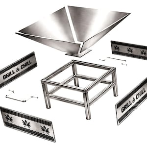 Könnte beinhalten: Illustration einer Feuerstelle aus Edelstahl mit quadratischem Sockel und geometrischer Schale. Die Feuerstelle wird zerlegt dargestellt, mit Sockel, Schale und Seitenteilen mit dem Text "GRILL & CHILL" und Blattmotiven. Hardware ist ebenfalls enthalten.