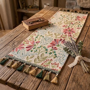 May include: A rectangular table runner featuring a cream-coloured base with a woven floral pattern in shades of pink, green, and gold. The edges are finished with a dark green border and alternating gold and dark green tassels at both ends.