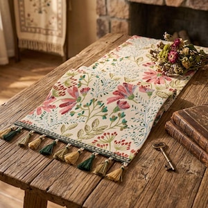 May include: A rectangular table runner featuring a cream-coloured fabric with a woven floral pattern in shades of pink, green, and red. The runner is finished with a dark green border and decorative tassels in green and gold along the edges.